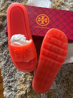 Tory Burch Bright Coral Jelly Logo Slide Sandals Worn Once (New) Size 8